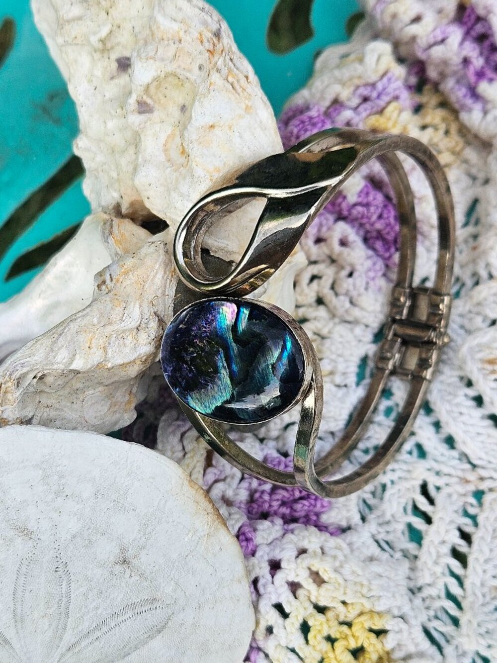 Natural Abalone Shell Oval Inlay in Silver-Tone Hinged Bracelet